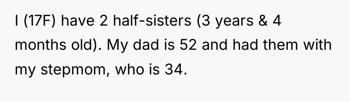 I (17F) have 2 half-sisters (3 years & 4 months...