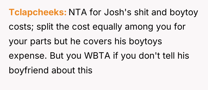 Tclapcheeks NTA for Josh's shit and boytoy costs; split the...