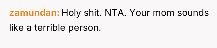 zamundan Holy shit. NTA. Your mom sounds like a terrible...