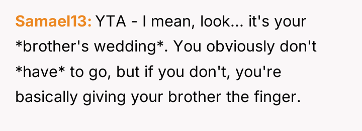 Samael13 YTA - I mean, look... it's your *brother's wedding*....