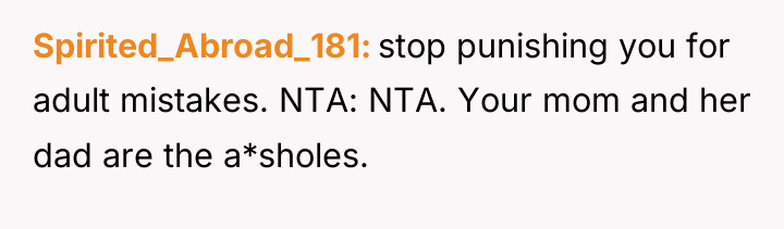 Spirited_Abroad_181 stop punishing you for adult mistakes. NTA: NTA. Your...