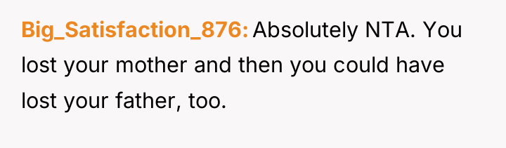 Big_Satisfaction_876 Absolutely NTA. You lost your mother and then you...