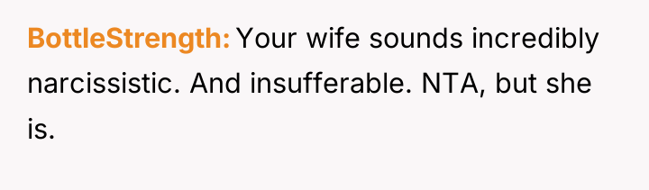 BottleStrength Your wife sounds incredibly narcissistic. And insufferable. NTA, but...