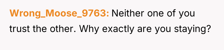 Wrong_Moose_9763 Neither one of you trust the other. Why exactly...