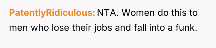 PatentlyRidiculous NTA. Women do this to men who lose their...