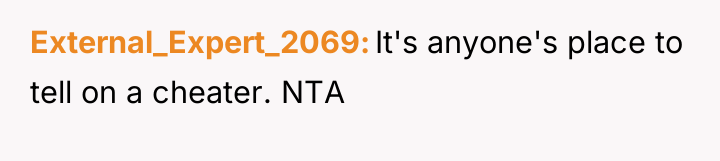 External_Expert_2069 It's anyone's place to tell on a cheater. NTA