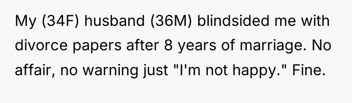 My (34F) husband (36M) blindsided me with divorce papers after...