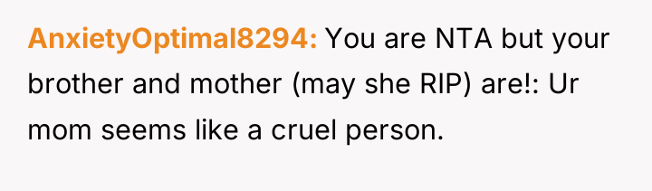 AnxietyOptimal8294 You are NTA but your brother and mother (may...