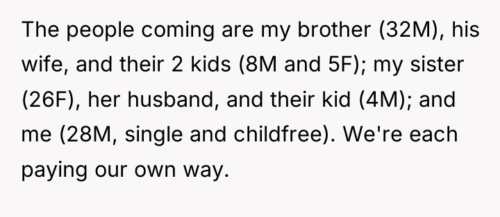 The people coming are my brother (32M), his wife, and...