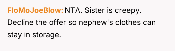 FloMoJoeBlow NTA. Sister is creepy. Decline the offer so nephew's...