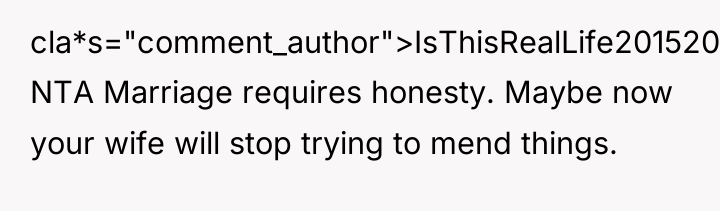 cla*s="comment_author">IsThisRealLife201520: NTA Marriage requires honesty. Maybe now your wife will...