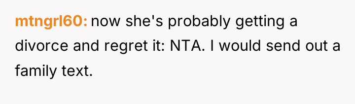 mtngrl60 now she's probably getting a divorce and regret it:...