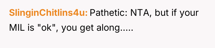 SlinginChitlins4u Pathetic: NTA, but if your MIL is "ok", you...