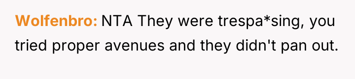 Wolfenbro NTA They were trespa*sing, you tried proper avenues and...