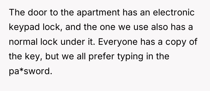 The door to the apartment has an electronic keypad lock,...