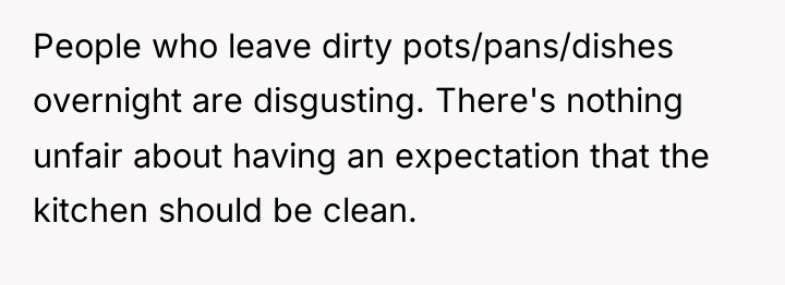 People who leave dirty pots/pans/dishes overnight are disgusting. There's nothing...