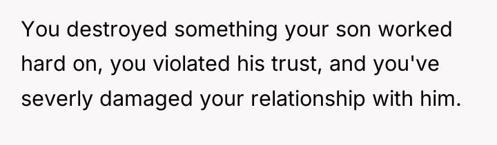 You destroyed something your son worked hard on, you violated...