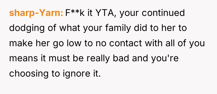 sharp-Yarn F**k it YTA, your continued dodging of what your...