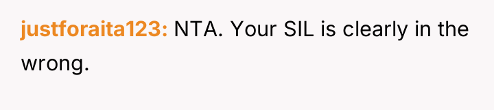 justforaita123 NTA. Your SIL is clearly in the wrong.