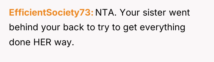 EfficientSociety73 NTA. Your sister went behind your back to try...