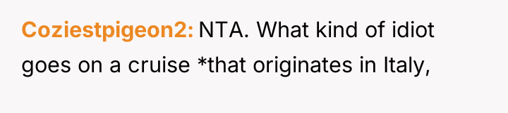 Coziestpigeon2 NTA. What kind of idiot goes on a cruise...