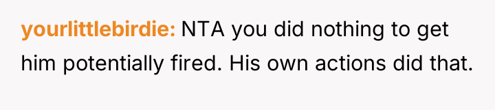 yourlittlebirdie NTA you did nothing to get him potentially fired....