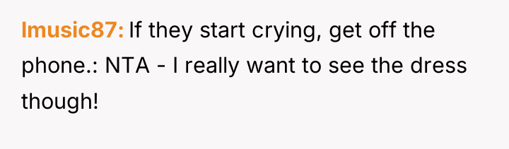 lmusic87 If they start crying, get off the phone.: NTA...