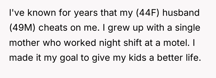 I've known for years that my (44F) husband (49M) cheats...