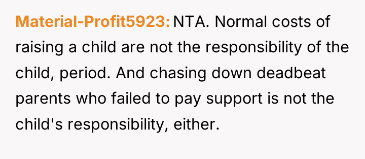 Material-Profit5923 NTA. Normal costs of raising a child are not...