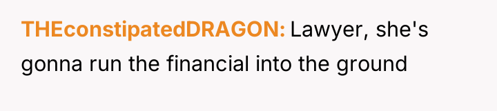 THEconstipatedDRAGON Lawyer, she's gonna run the financial into the ground