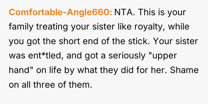 Comfortable-Angle660 NTA. This is your family treating your sister like...