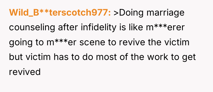 Wild_B**terscotch977 >Doing marriage counseling after infidelity is like m***erer going...