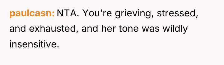 paulcasn NTA. You're grieving, stressed, and exhausted, and her tone...