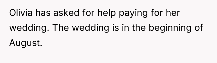Olivia has asked for help paying for her wedding. The...