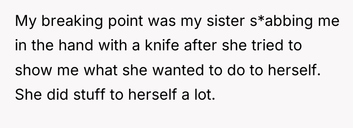 My breaking point was my sister s*abbing me in the...