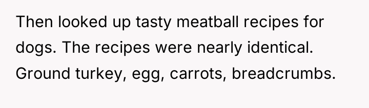 Then looked up tasty meatball recipes for dogs. The recipes...