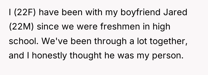 I (22F) have been with my boyfriend Jared (22M) since...