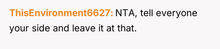 ThisEnvironment6627 NTA, tell everyone your side and leave it at...