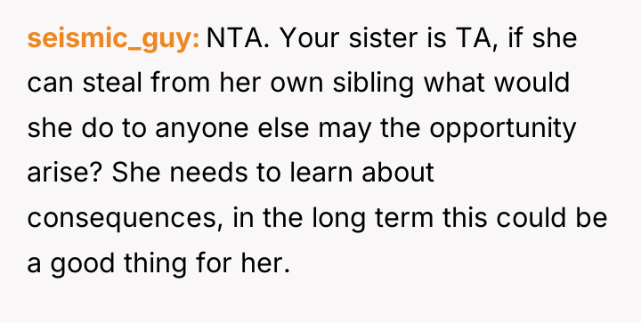seismic_guy NTA. Your sister is TA, if she can steal...