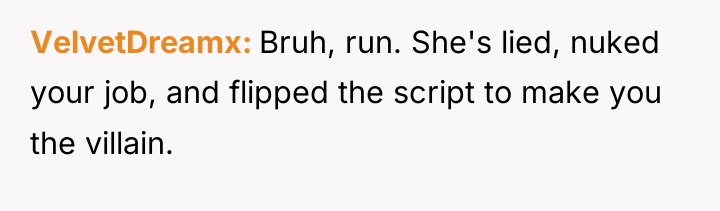 VelvetDreamx Bruh, run. She's lied, nuked your job, and flipped...