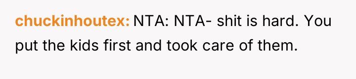 chuckinhoutex NTA: NTA- shit is hard. You put the kids...