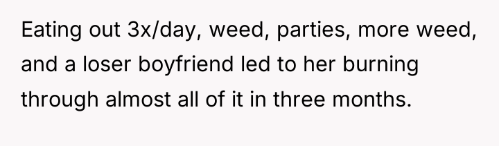 Eating out 3x/day, weed, parties, more weed, and a loser...