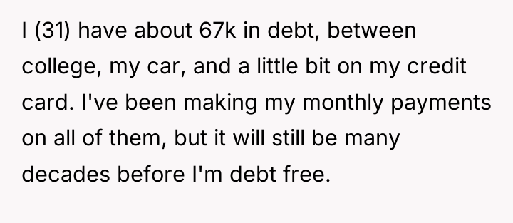 I (31) have about 67k in debt, between college, my...