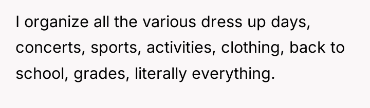 I organize all the various dress up days, concerts, sports,...