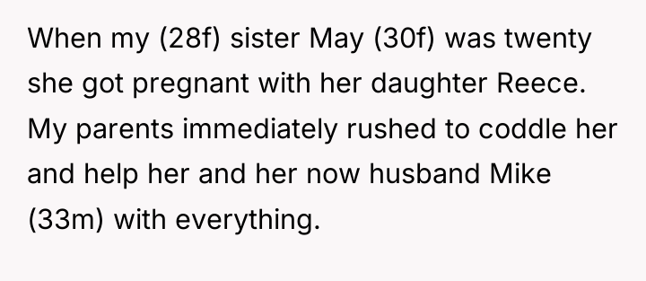 When my (28f) sister May (30f) was twenty she got...