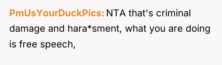 PmUsYourDuckPics NTA that's criminal damage and hara*sment, what you are...