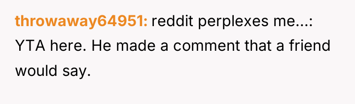 throwaway64951 reddit perplexes me...: YTA here. He made a comment...