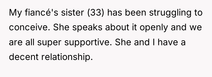 My fiancé's sister (33) has been struggling to conceive. She...