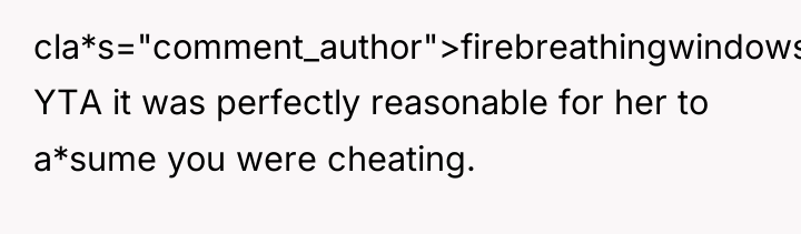 cla*s="comment_author">firebreathingwindows: YTA it was perfectly reasonable for her to a*sume...