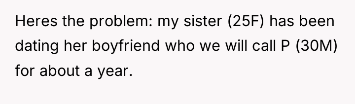 Heres the problem: my sister (25F) has been dating her...